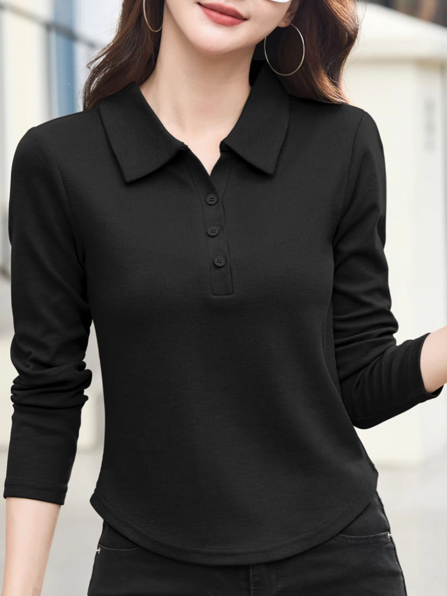 Women'S Casual Long Sleeve Polo Shirt, Regular Fit for Spring a Knit Fabric, Solid Color with Lapel Collar and Button Detail, R
