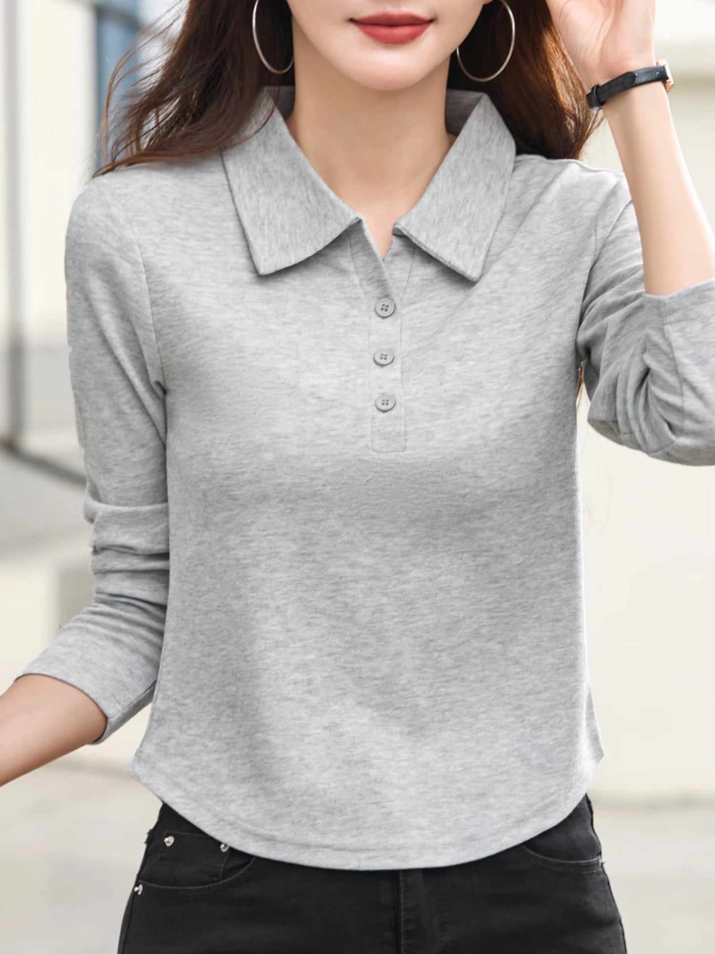 Women'S Casual Long Sleeve Polo Shirt, Regular Fit for Spring a Knit Fabric, Solid Color with Lapel Collar and Button Detail, R