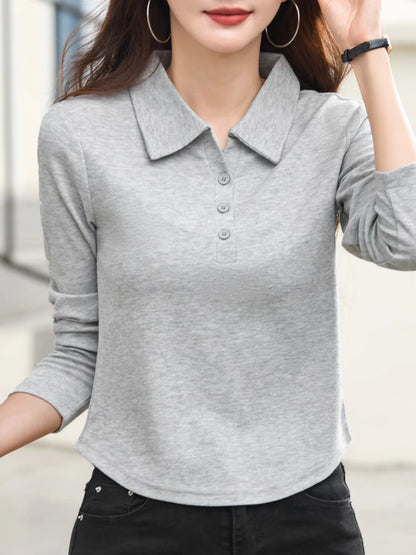 Women'S Casual Long Sleeve Polo Shirt, Regular Fit for Spring a Knit Fabric, Solid Color with Lapel Collar and Button Detail, R